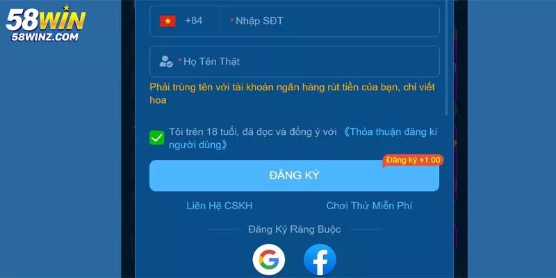 Hướng dẫn khách hàng chi tiết cách đăng ký 58WIN